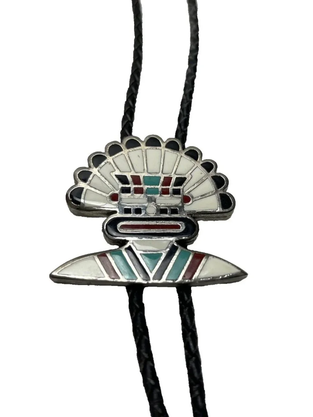Vintage Cloisonne Inlay Face Bolo Tie Braided Leather Cord Enameled